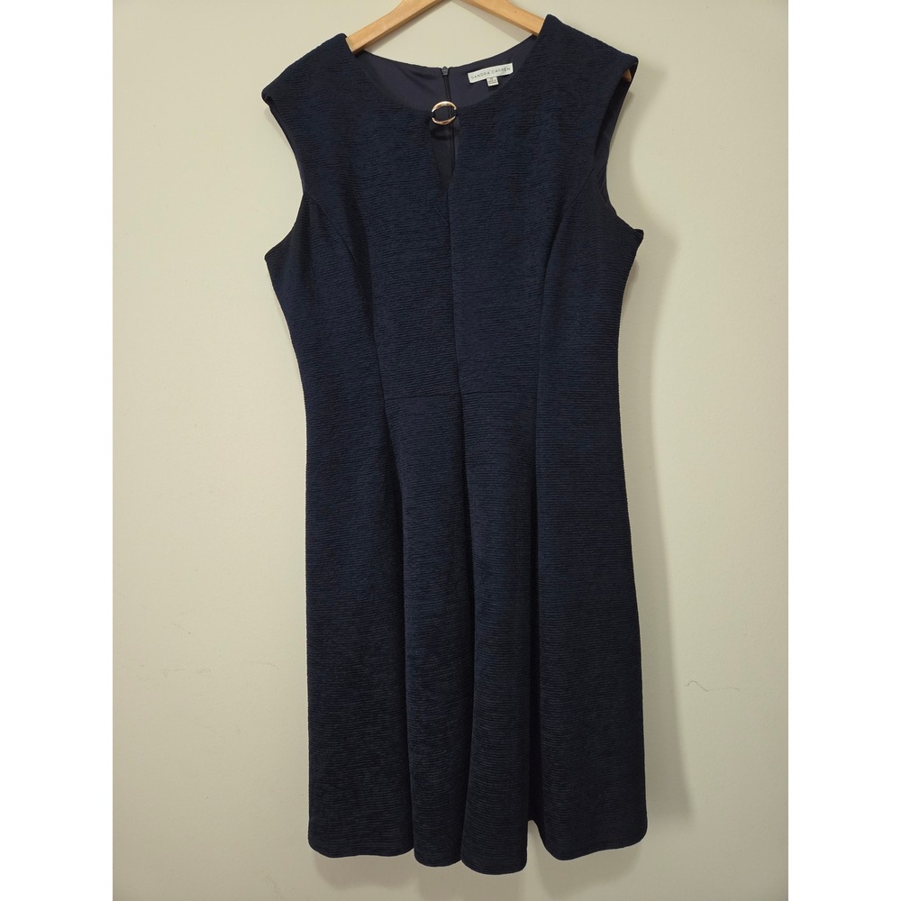 Sandra Darren Navy Blue Textured Fit and Flare Dress Gold Ring Detail Size‎ 16